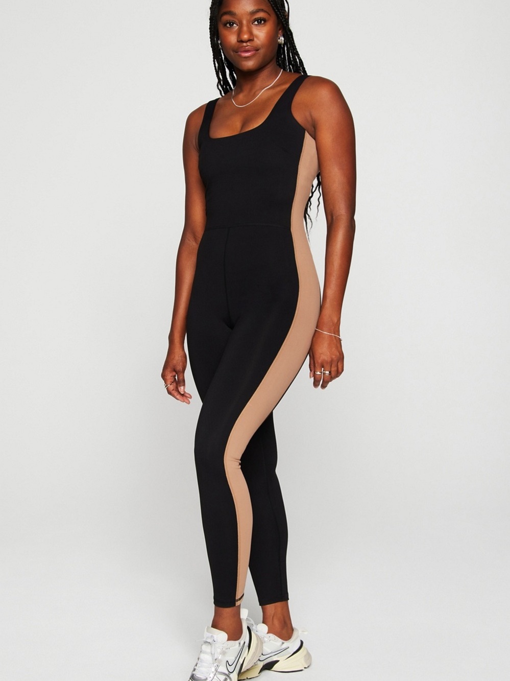 Fabletics Black & Tan Colorblock Jumpsuit